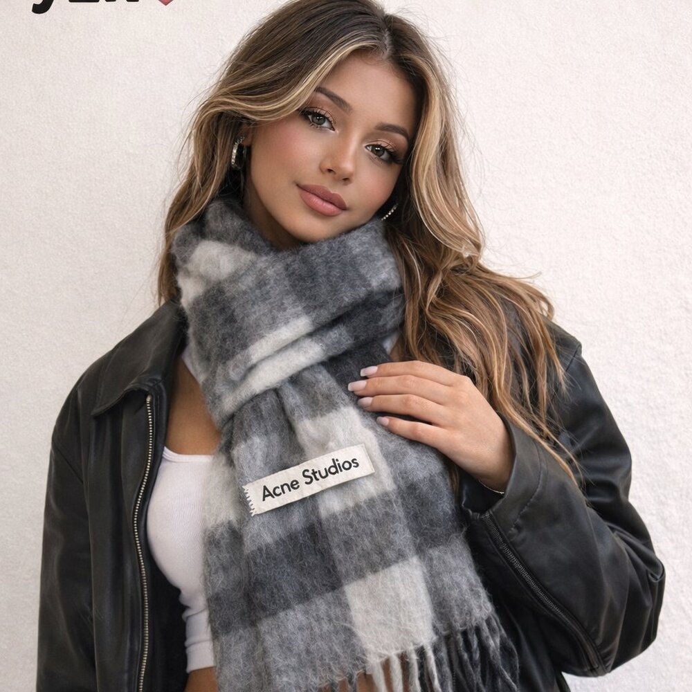 Acne Studios Gray Plaid Wool Fringe Scarf Designer